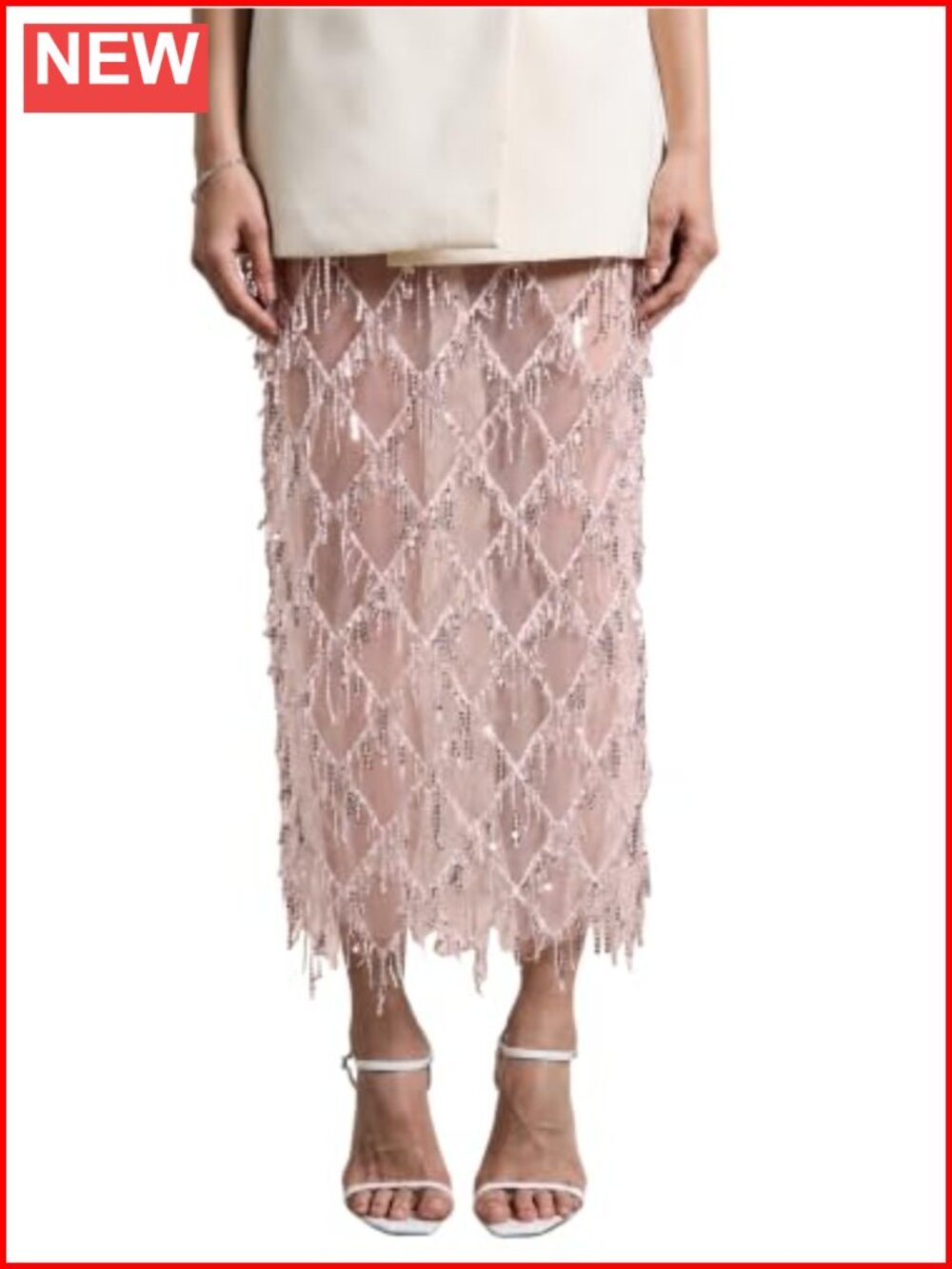 Sequin Fringe Midi Pencil Skirt with Side Split Zip Up Mesh Overlay